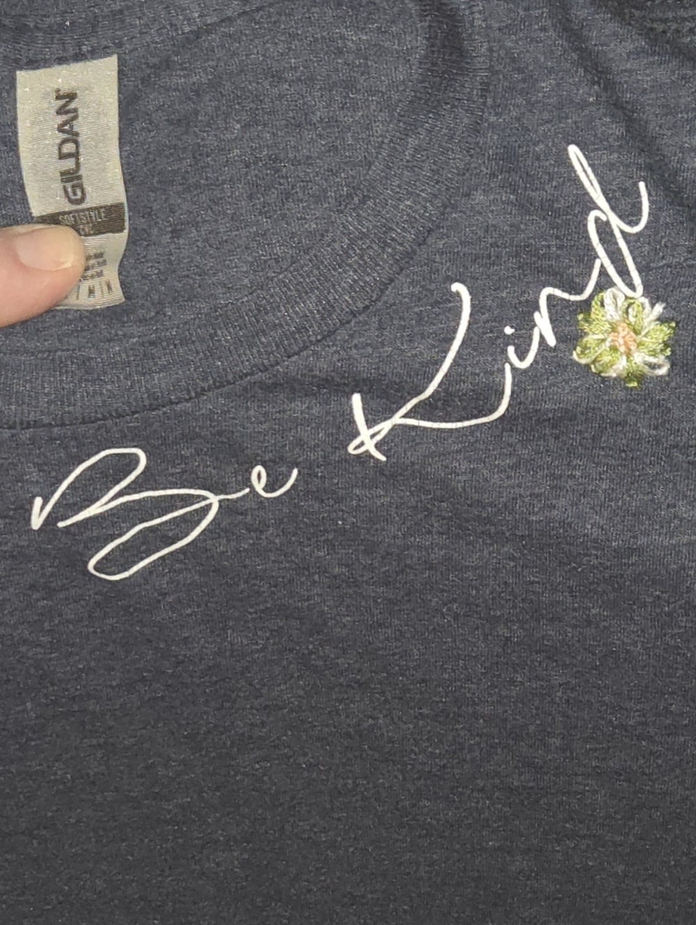 Gildan Navy Tee with White 'Be Kind' Script and Green/Gold Floral Accent